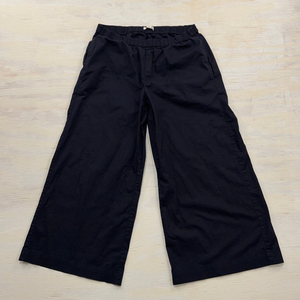 Eileen Fisher Pants Wide Leg Crop Elastic Waist Organic Cotton Navy Womens PS